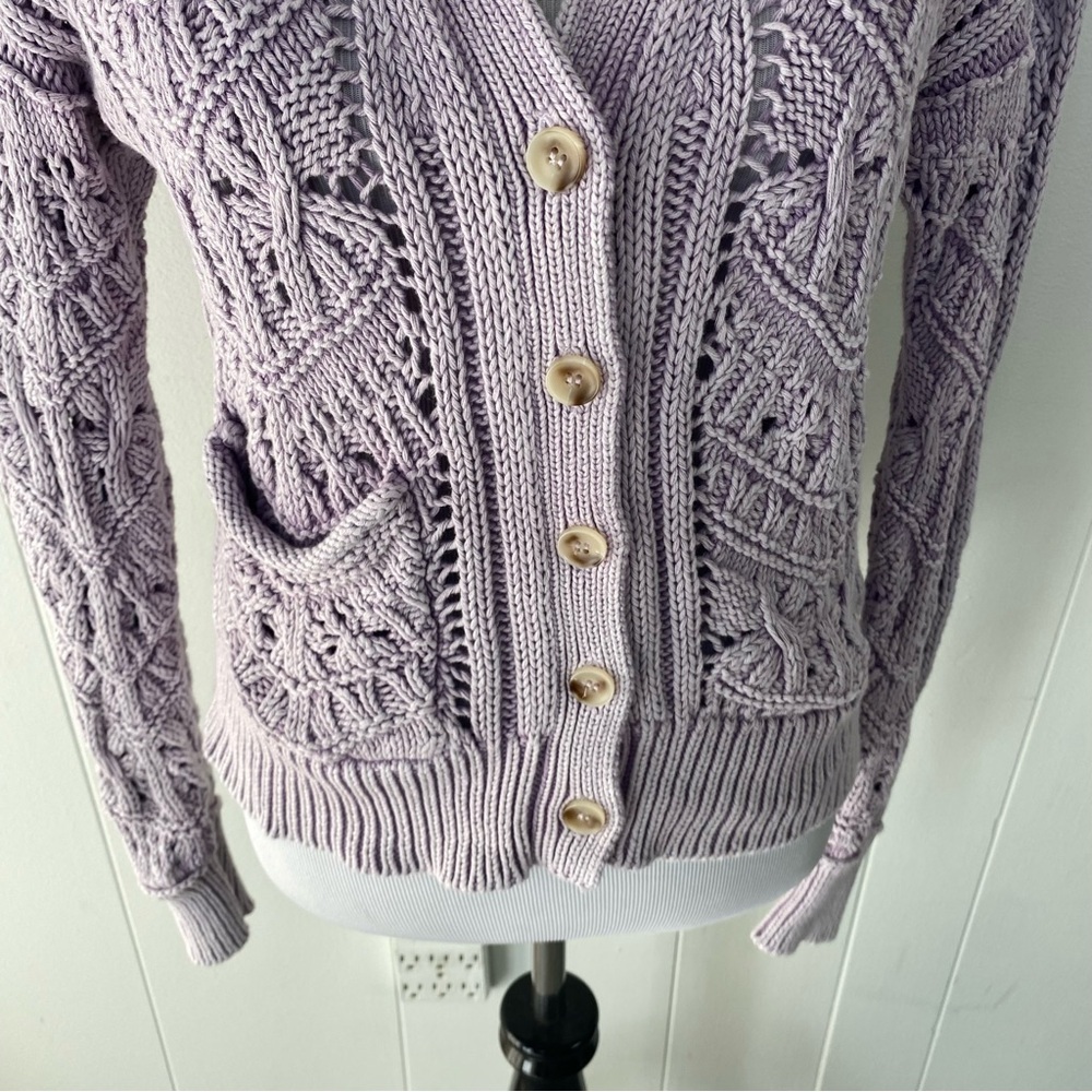 SUNDANCE Lilac Purple Aveline Casual Cotton Crochet Boho Cardigan Lilac Sz XS - Picture 4 of 9